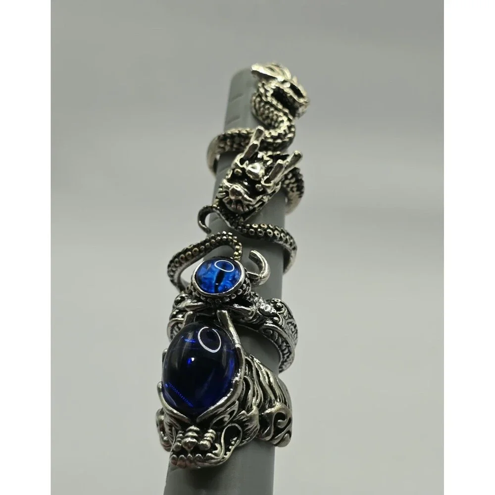 4pc Gothic Ring Lot Blue Stone Dragon Head Octopus Evil Eye  Sz 5.5-8.5